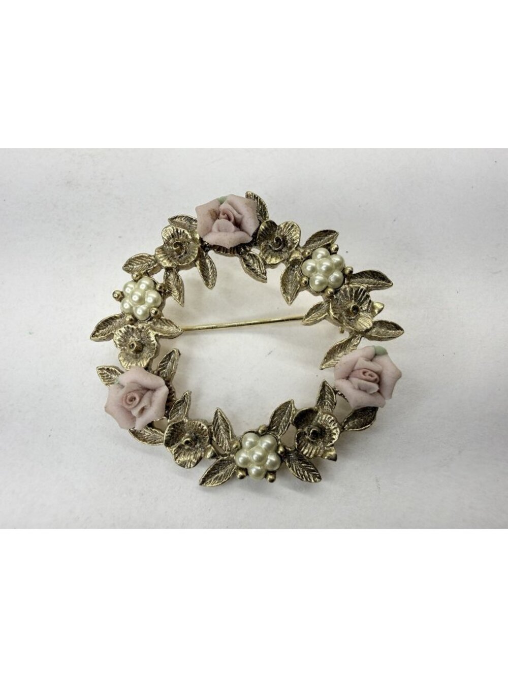 Vintage Gold Tone Wreath Brooch Faux Pearl Porcelain Pink Rose Floral Pin